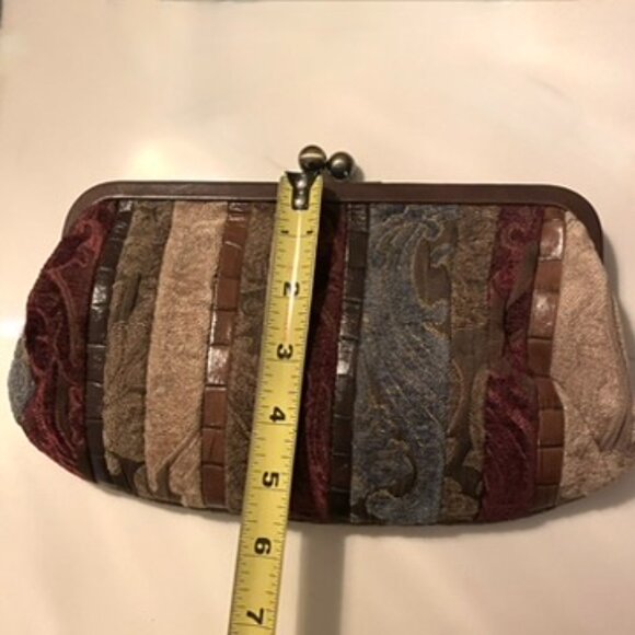 Fossil Boucle Tapestry HandBag Brass Chain Strap Kiss Lock Croc Embossed Trim - Picture 7 of 8